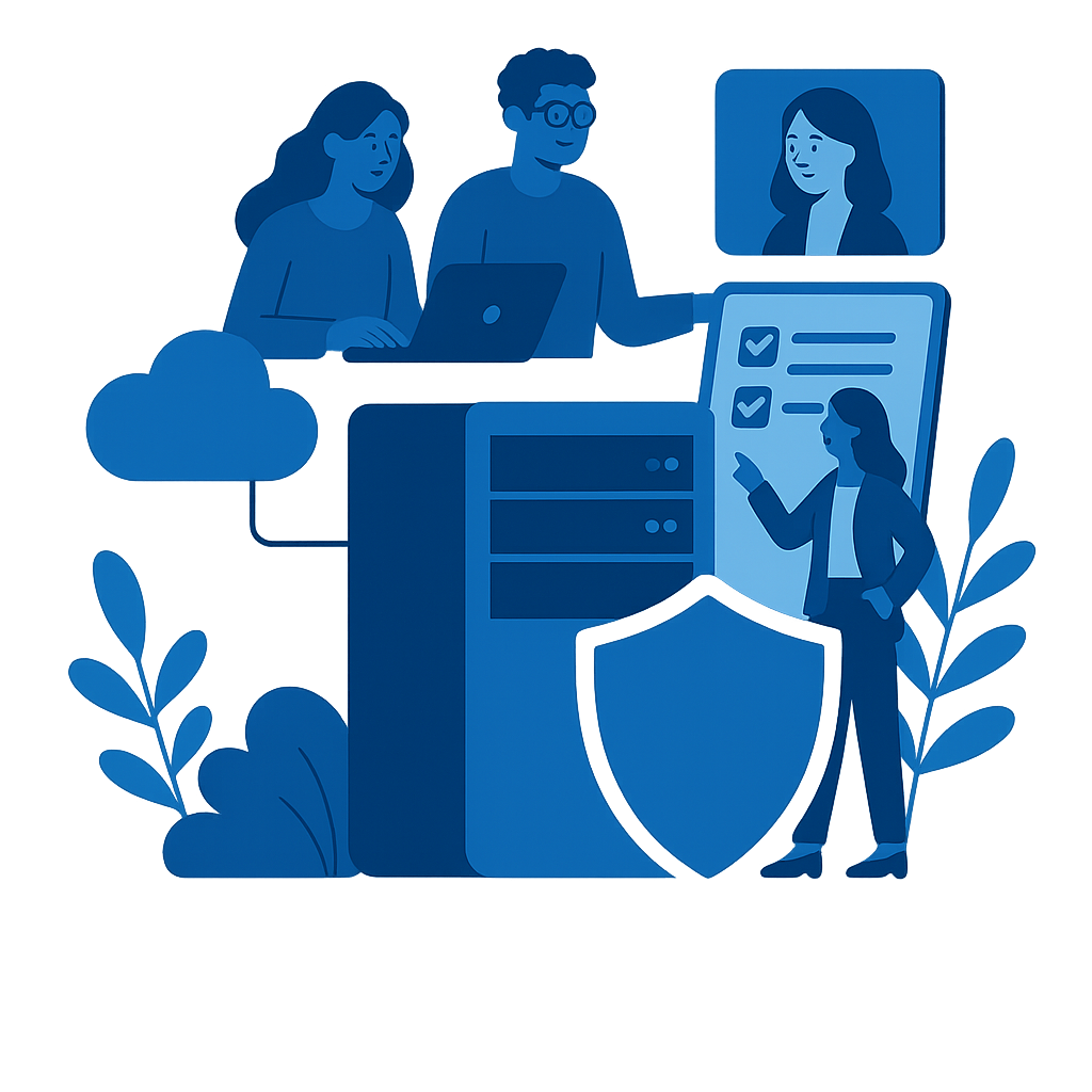 Illustration in Blautönen: Drei Personen arbeiten an Laptops und Checklisten, umgeben von Symbolen für Datenschutz (Schloss-Schild), Cloud und Server – stellvertretend für sichere IT-Lösungen für NGOs.
