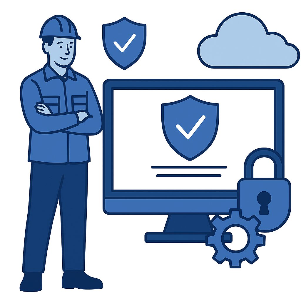 Illustration eines Handwerkers mit IT-Symbolen wie Monitor, Cloud, Schloss und Zahnrad – IT-Sicherheit für Unternehmen in der Lüneburger Heide.