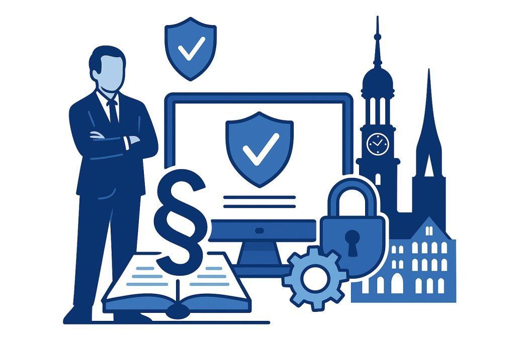 Illustration eines Geschäftsmannes vor Hamburger Skyline mit IT-Symbolen wie Monitor, Schloss, Zahnrad und Cloud – IT-Lösungen für Unternehmen in Hamburg.